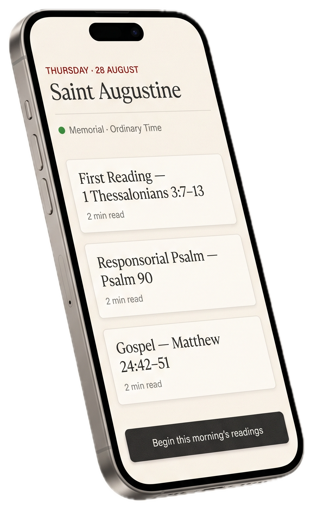 Concept: Lauds showing today's Mass readings — Memorial of Saint Augustine — on a phone